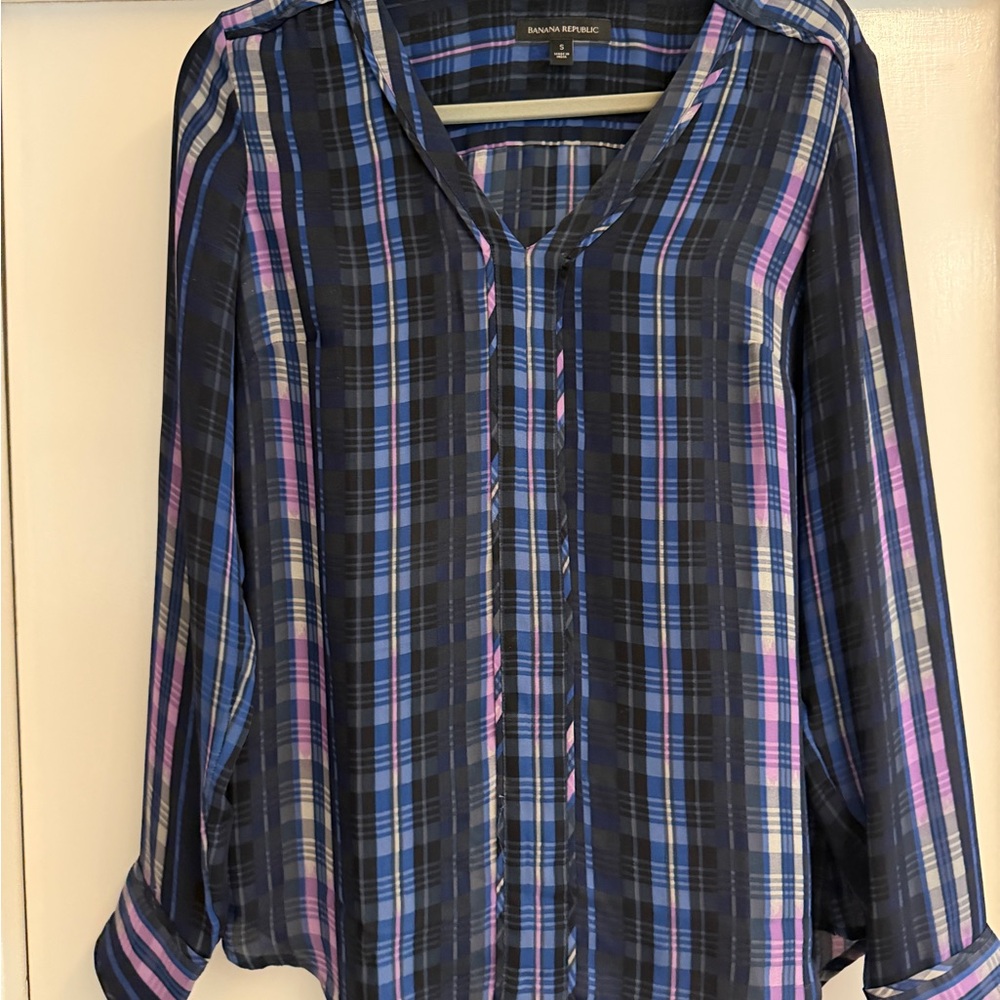 Banana Republic Blue Plaid Button-Front Women's Top, Size S